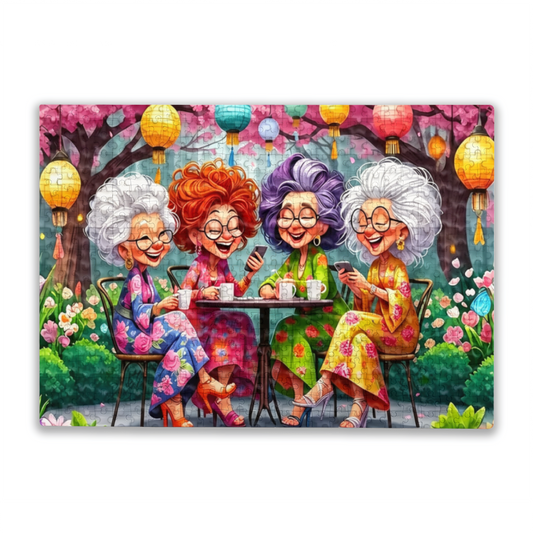 Four Cheerful Grandma Besties Garden Tea Party Lantern Puzzle | 300/500/1000 Pieces