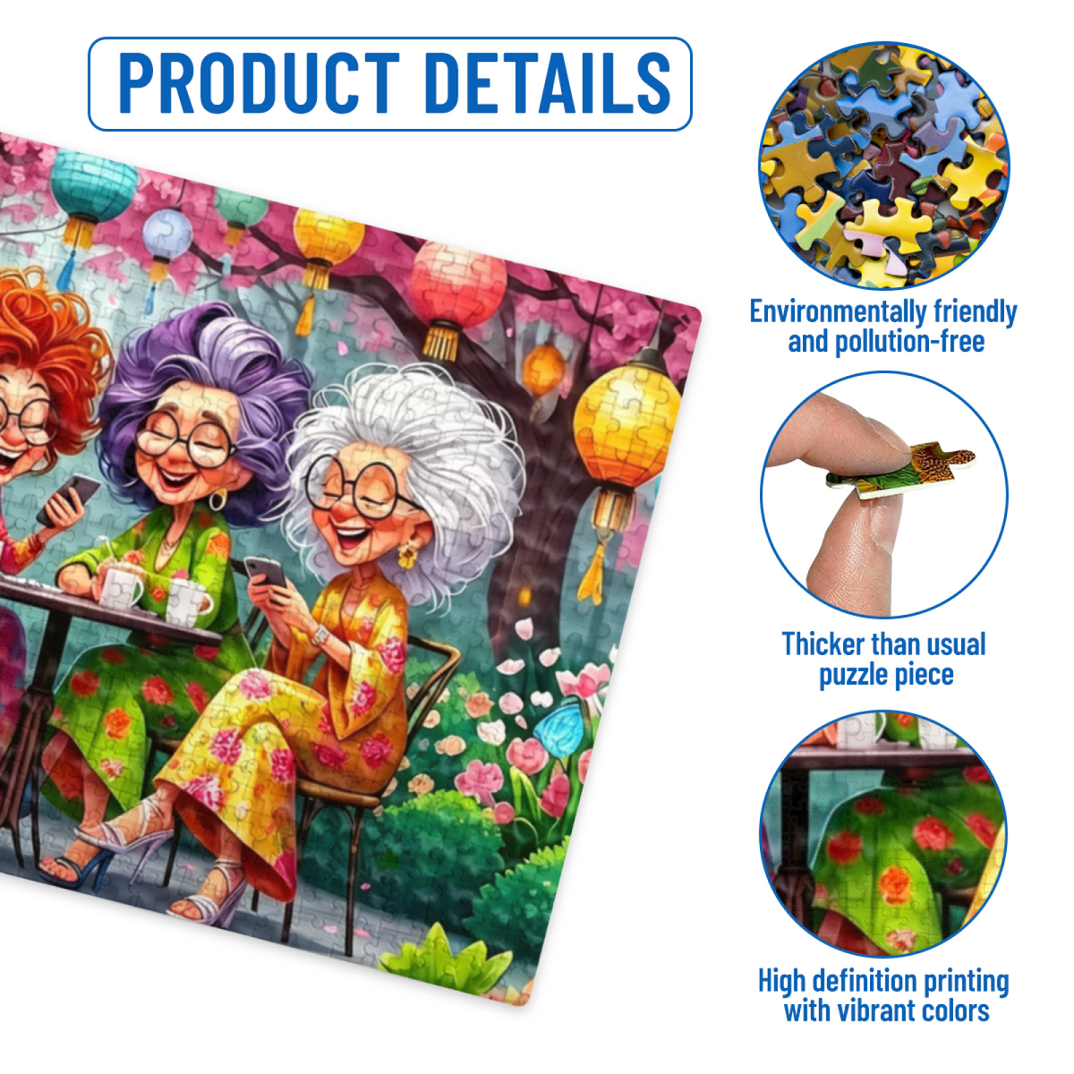 Four Cheerful Grandma Besties Garden Tea Party Lantern Puzzle | 300/500/1000 Pieces