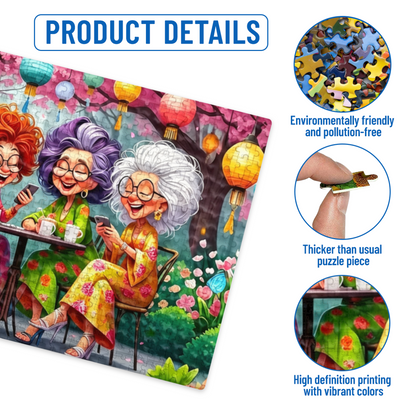 Four Cheerful Grandma Besties Garden Tea Party Lantern Puzzle | 300/500/1000 Pieces