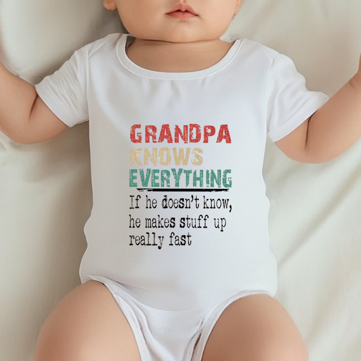 Grandpa Knows Everything Vintage Funny Text Baby Bodysuit Grandson Gift