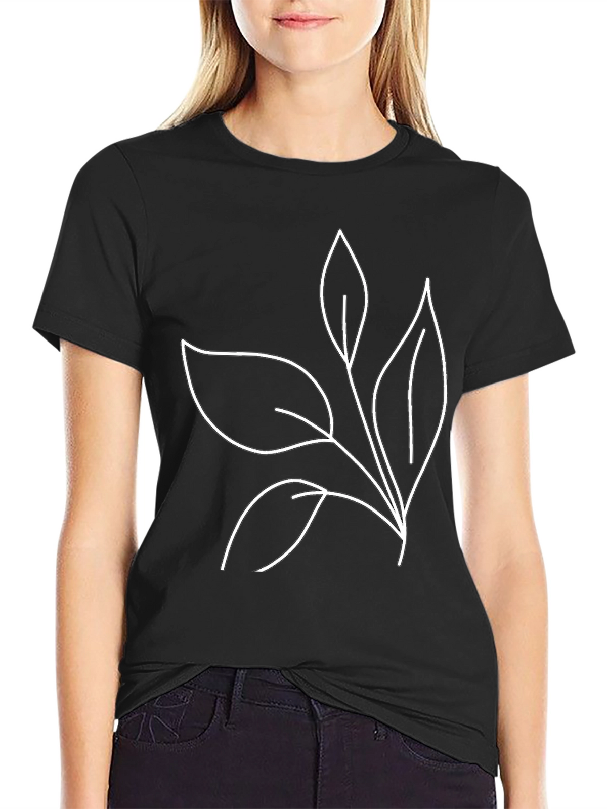 Minimalist Leaf Print Black T-Shirt