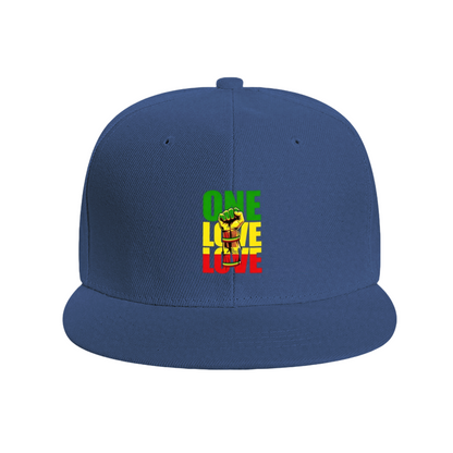One Love Reggae Fist Rasta Color Print Flat Brim Sun Hat, Jamaican Culture Street Hip Hop Cap
