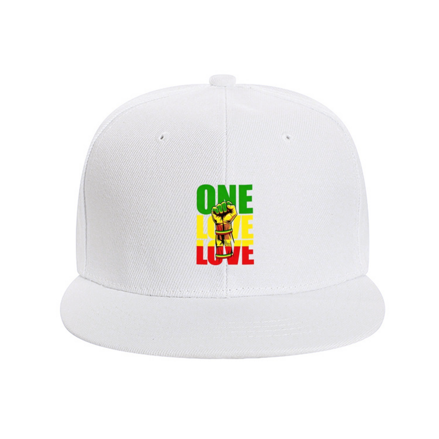 One Love Reggae Fist Rasta Color Print Flat Brim Sun Hat, Jamaican Culture Street Hip Hop Cap