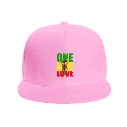 One Love Reggae Fist Rasta Color Print Flat Brim Sun Hat, Jamaican Culture Street Hip Hop Cap