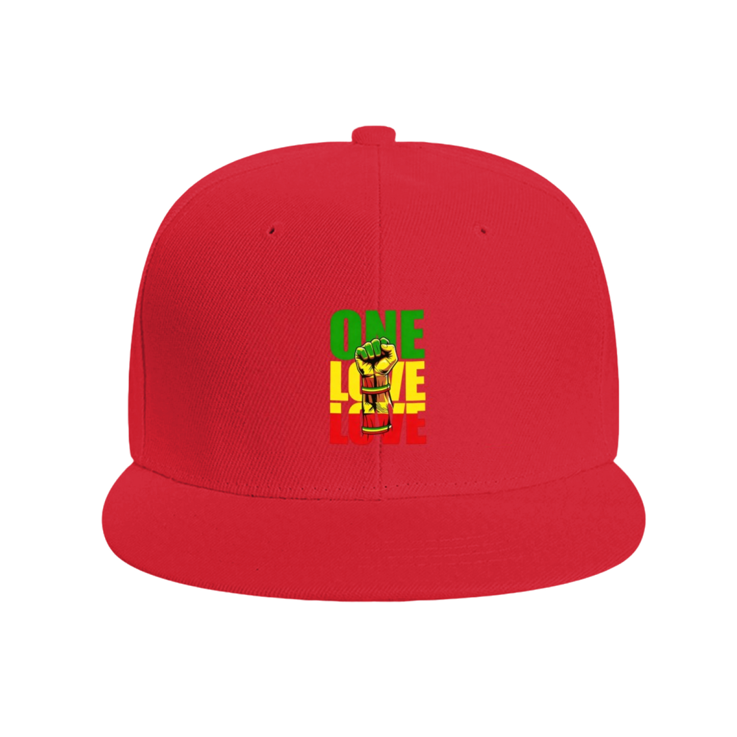 One Love Reggae Fist Rasta Color Print Flat Brim Sun Hat, Jamaican Culture Street Hip Hop Cap
