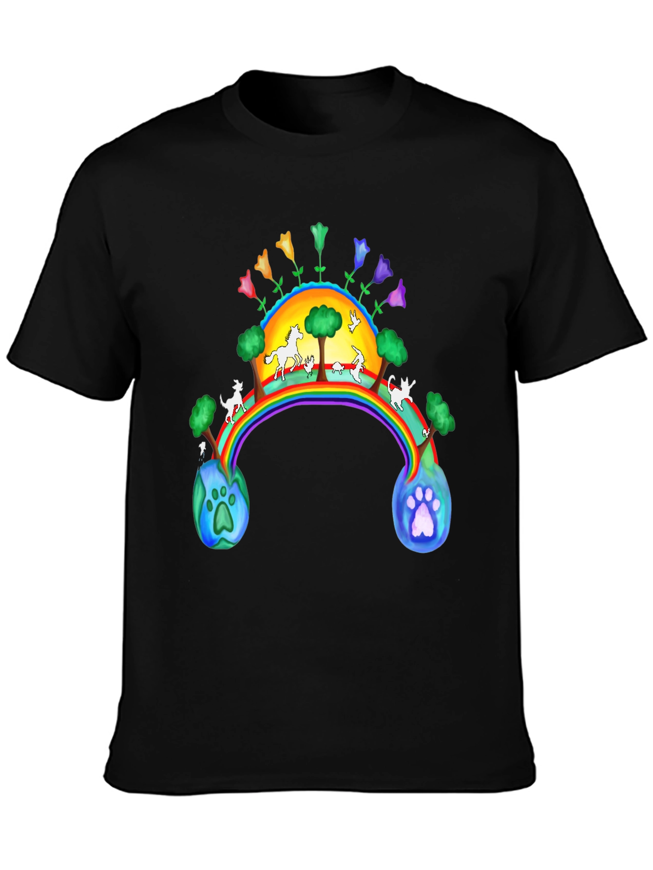 Rainbow Bridge Earth Paw Print Black T-Shirt