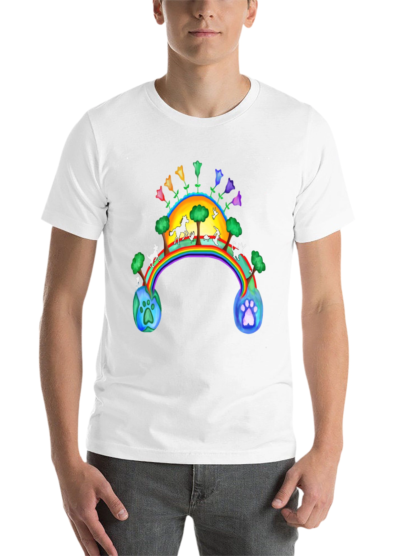 Rainbow Bridge Earth Paw Print Black T-Shirt