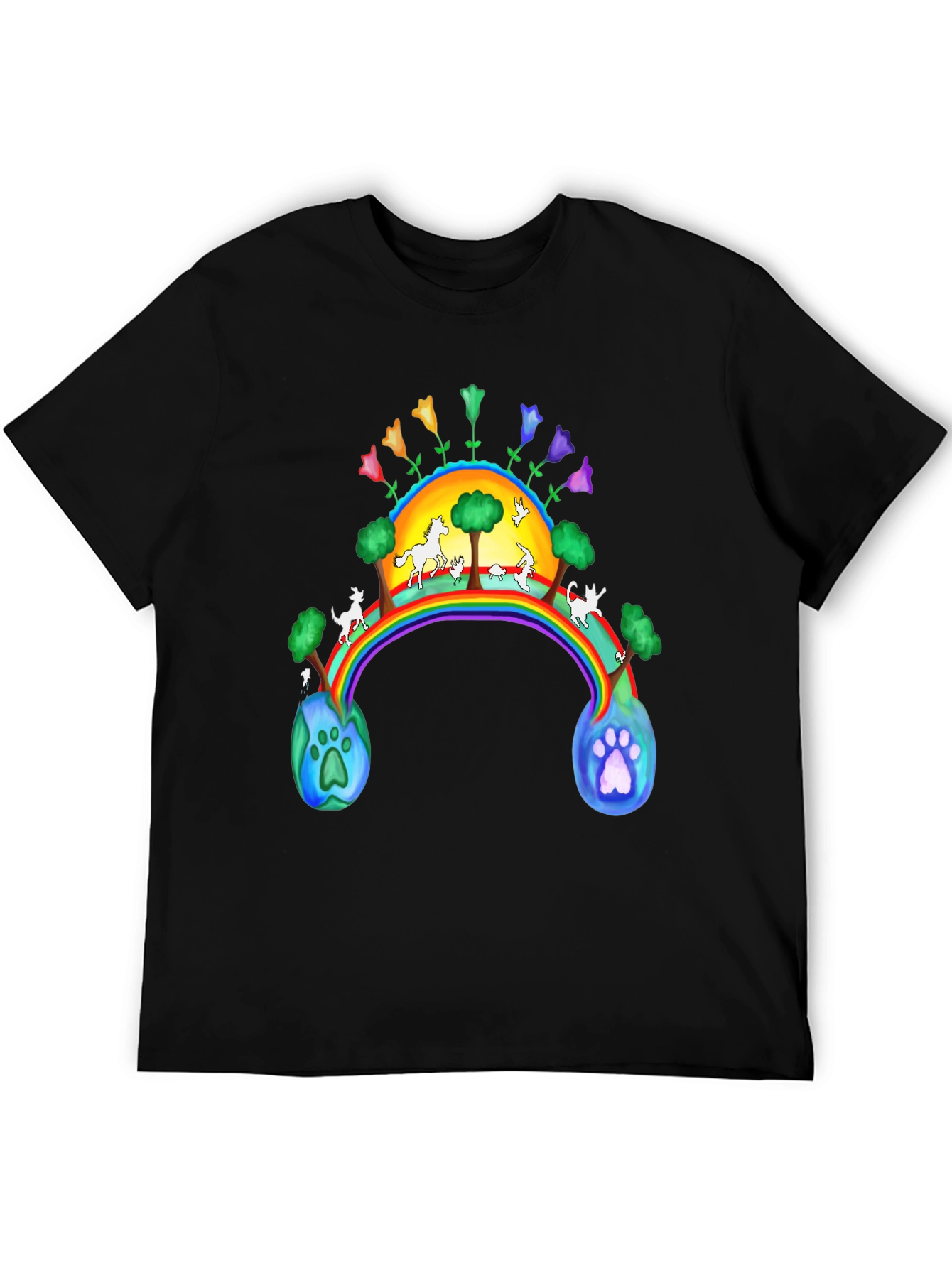 Rainbow Bridge Earth Paw Print Black T-Shirt