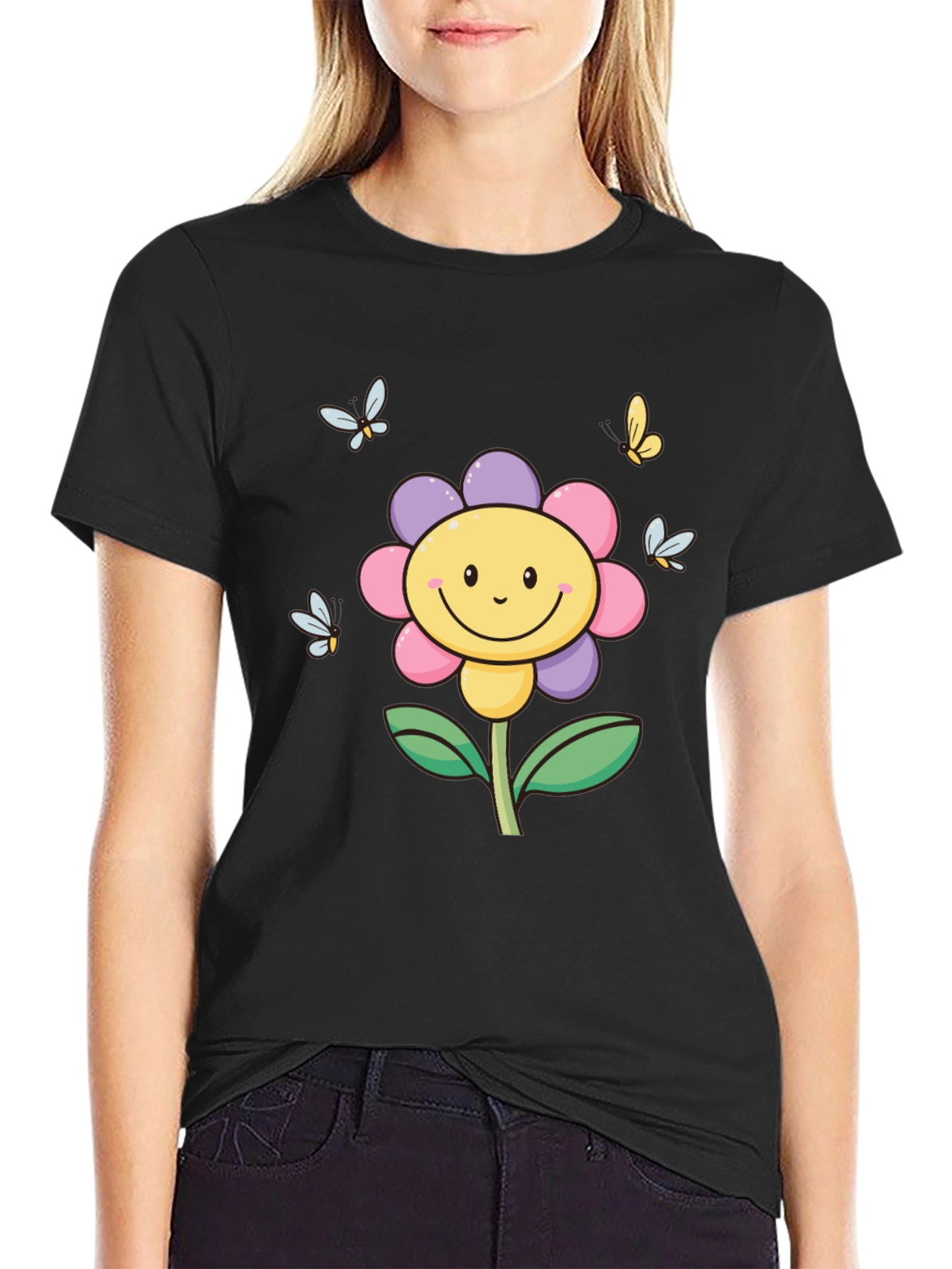Happy Flower Graphic Tee - Black T-Shirt