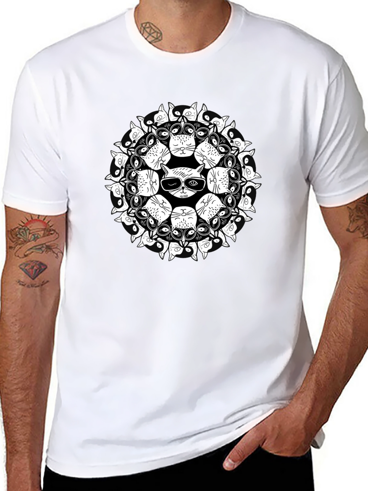 Cool Cat Mandala Black T-Shirt