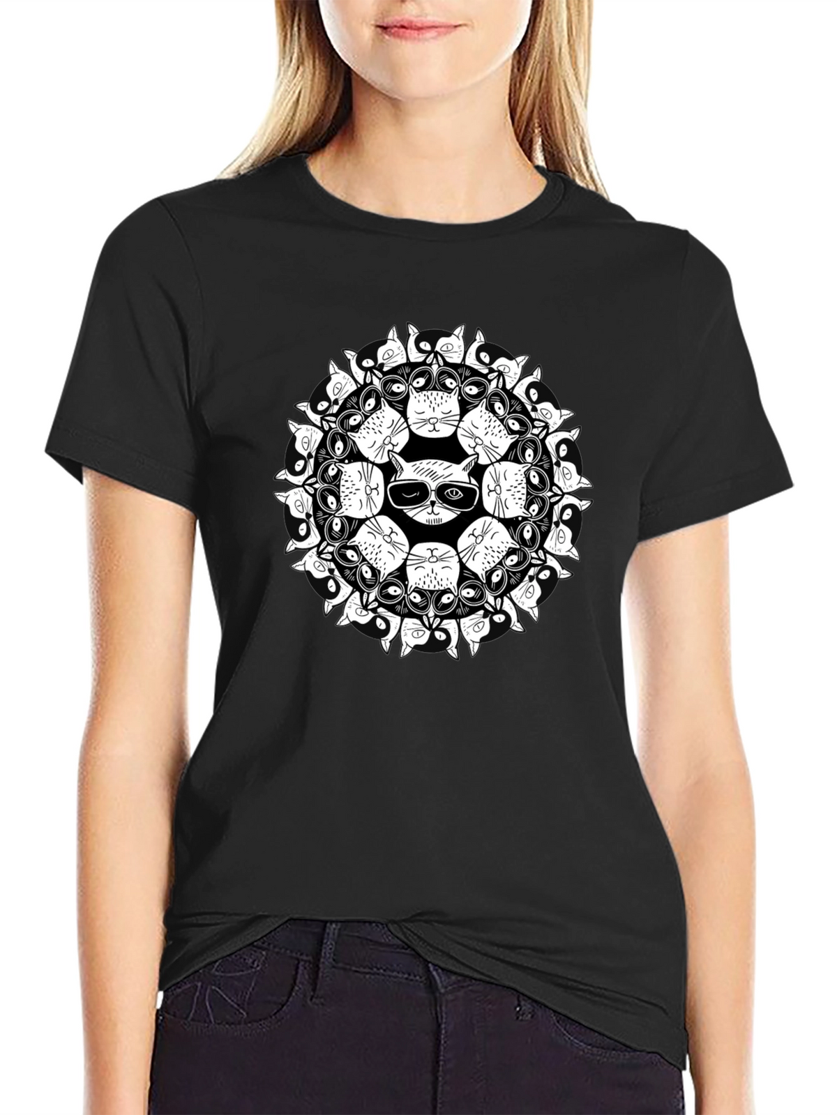 Cool Cat Mandala Black T-Shirt