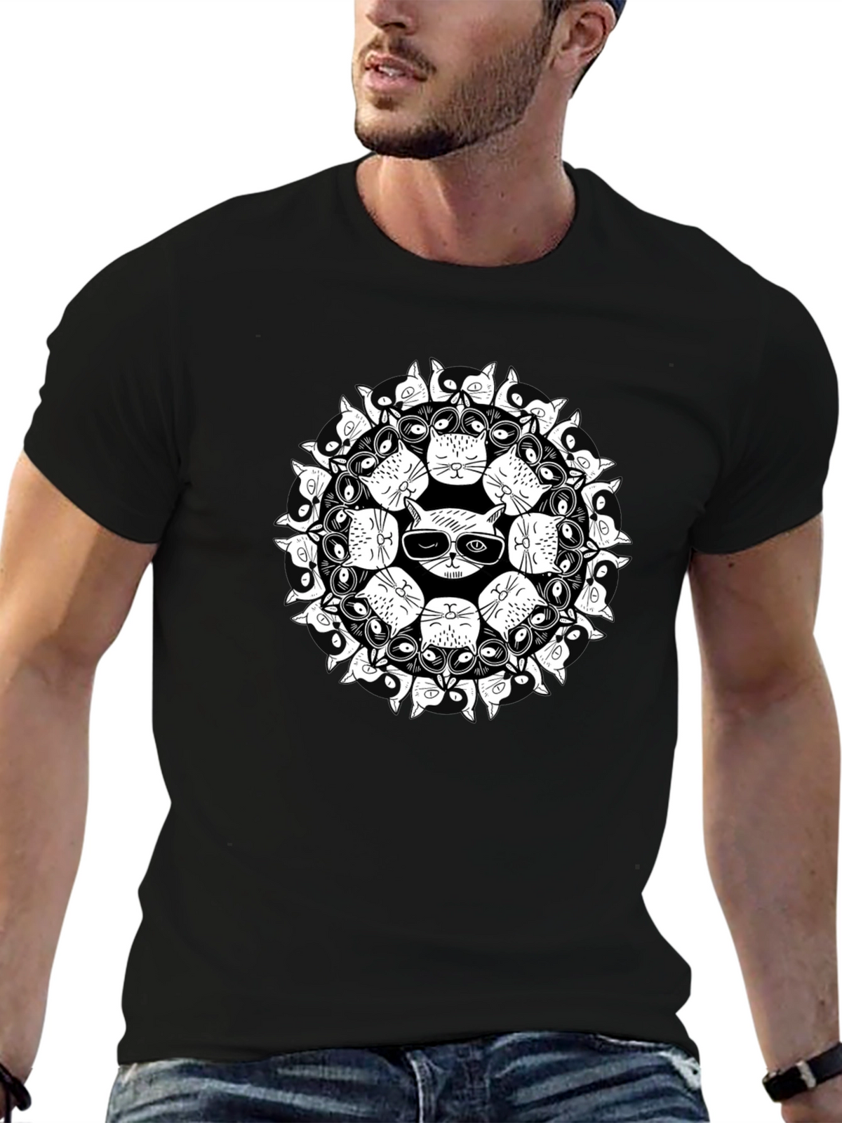 Cool Cat Mandala Black T-Shirt