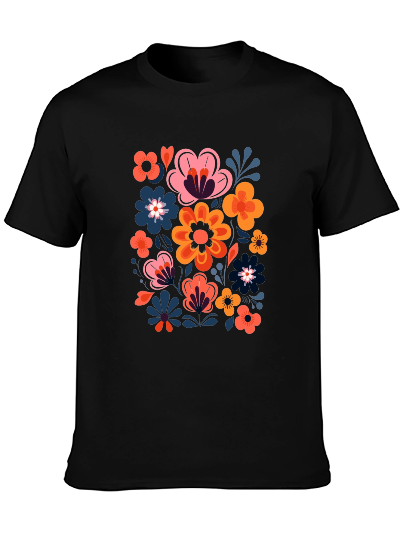 Floral Print Black Crew Neck Tee