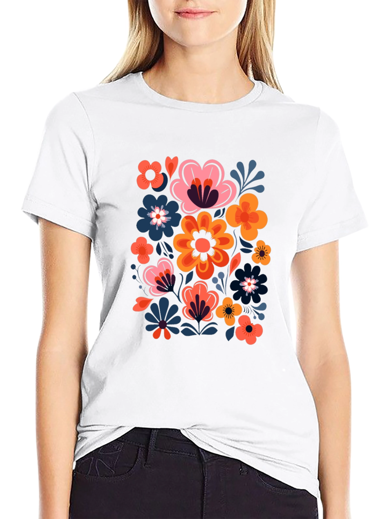Floral Print Black Crew Neck Tee