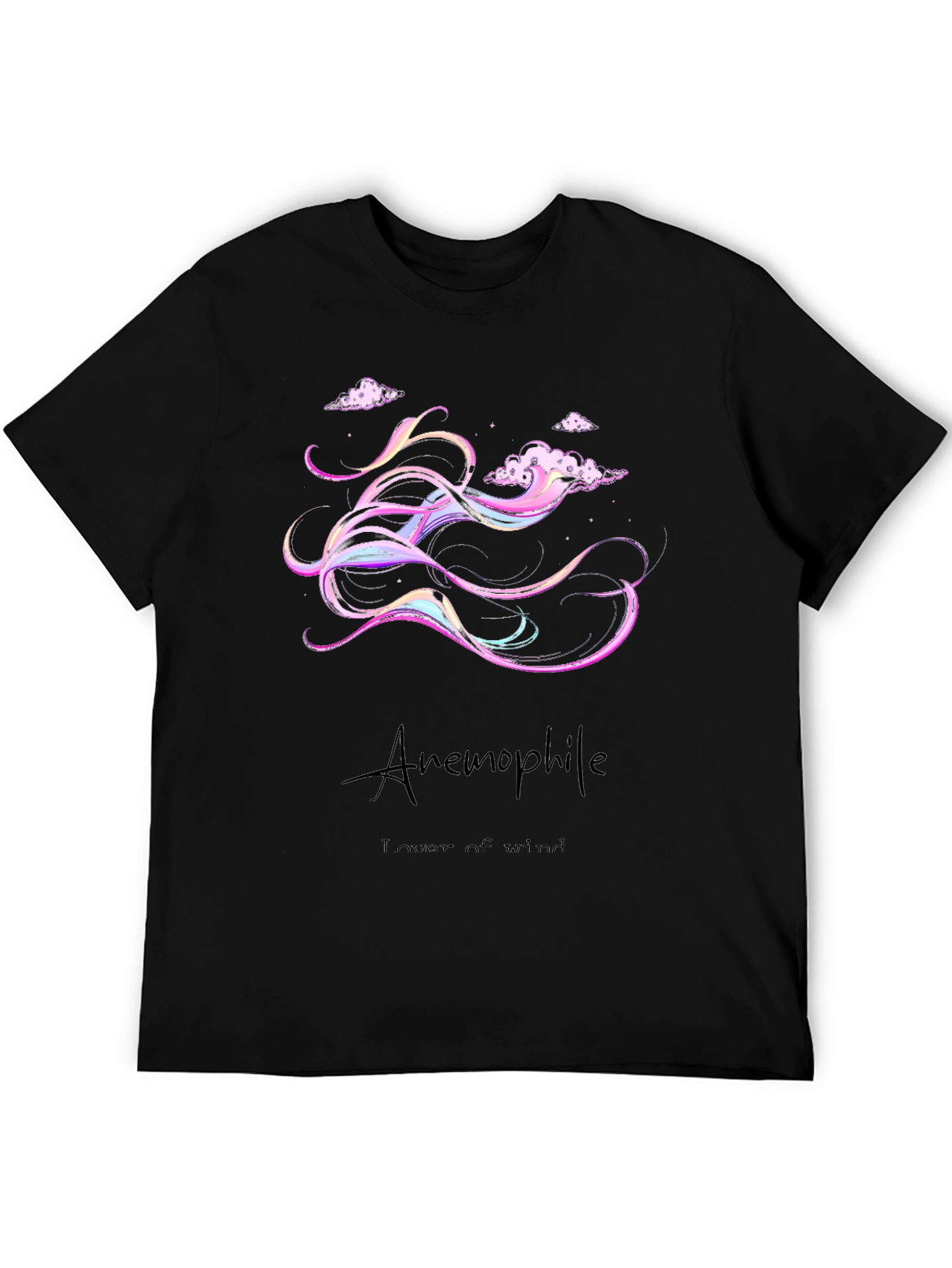 Anemophile Black T-Shirt - Whimsical Wind Design