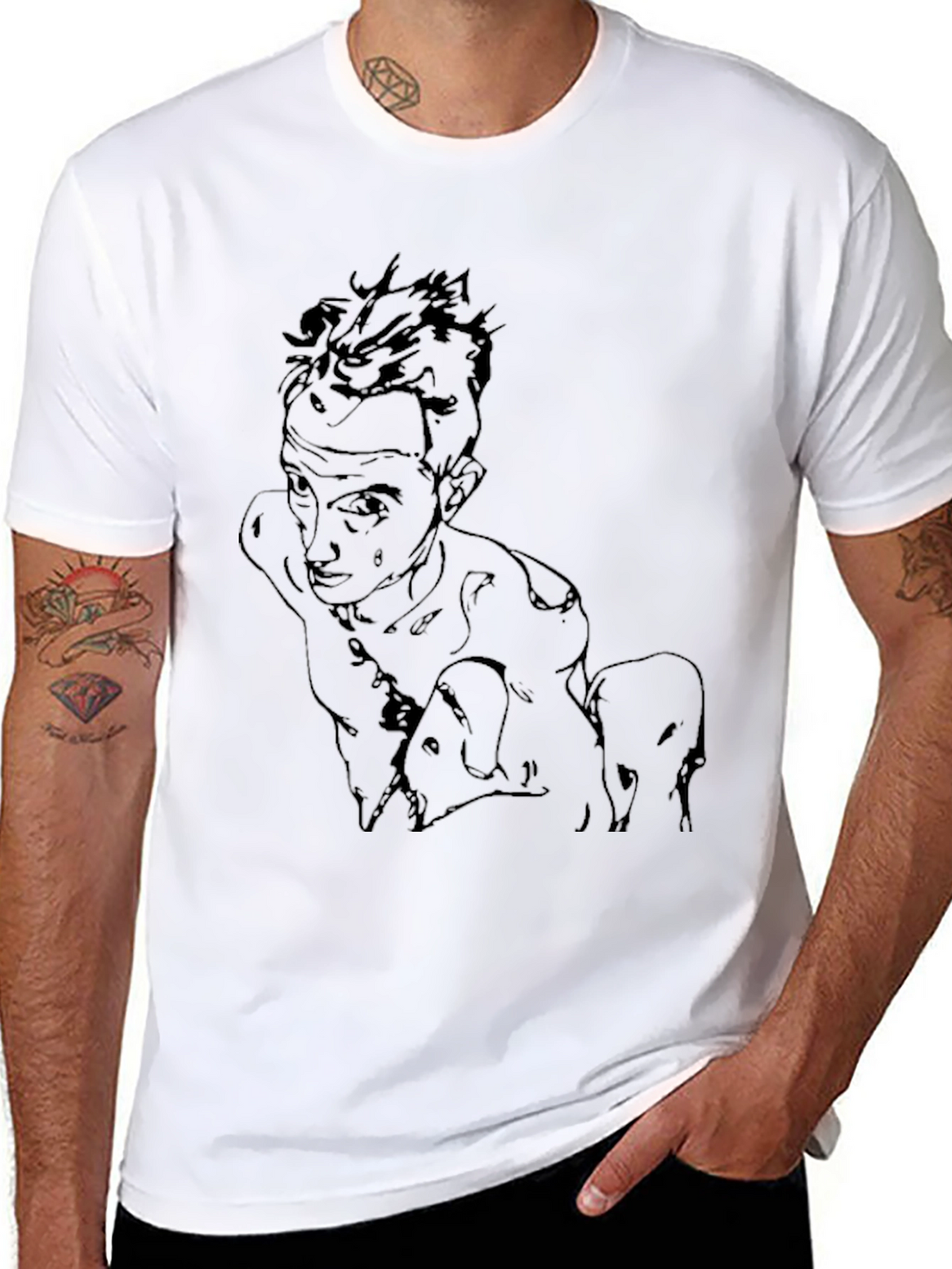 Abstract Sketch Graphic Tee - Black Cotton Casual Wear