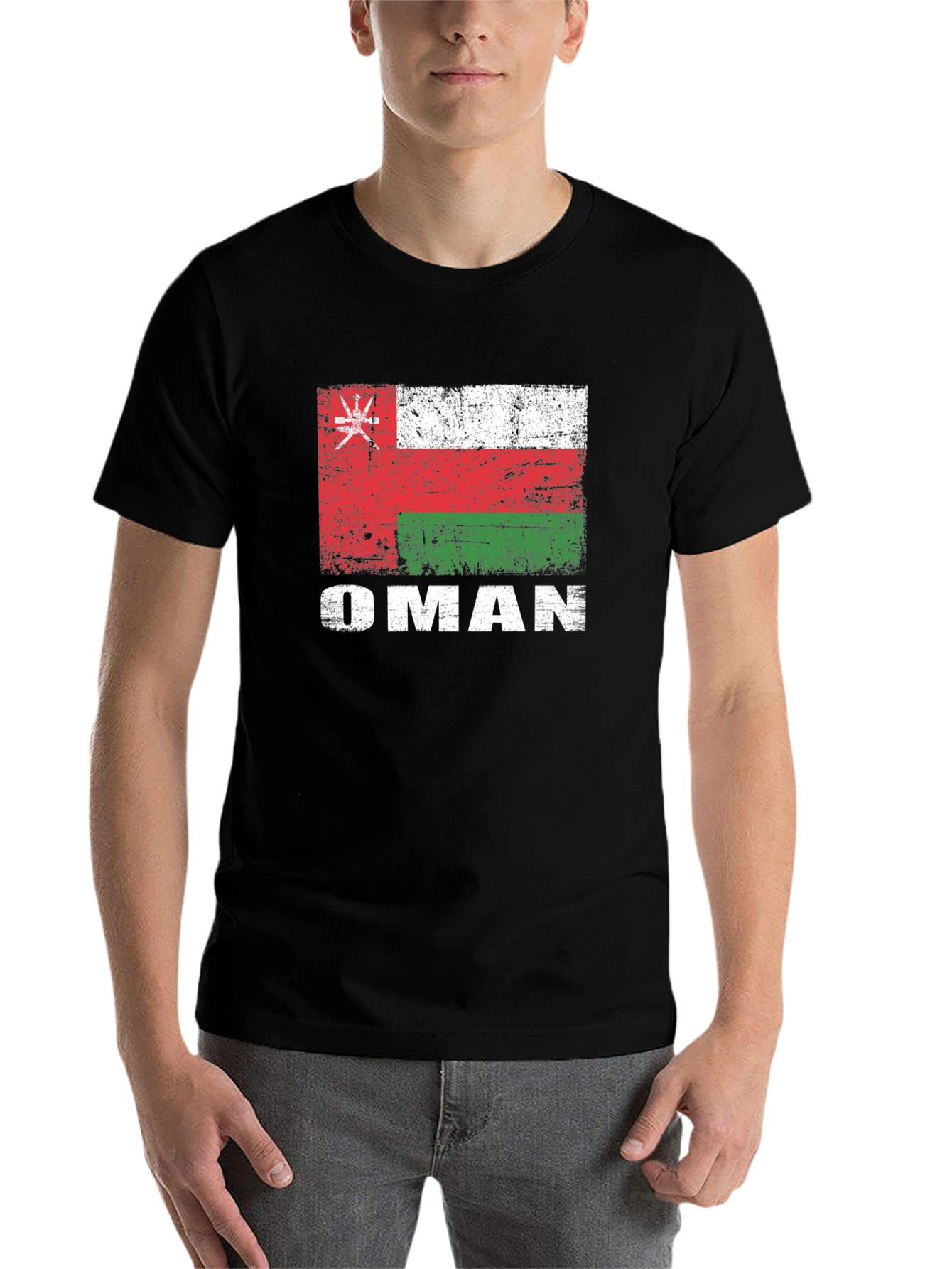 Oman Flag T-Shirt - Distressed Style Black Tee