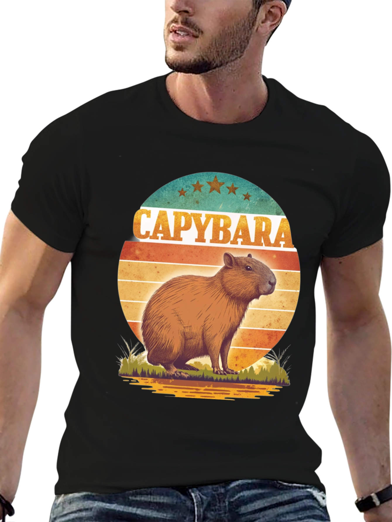 Capybara Retro Sunset Graphic Tee