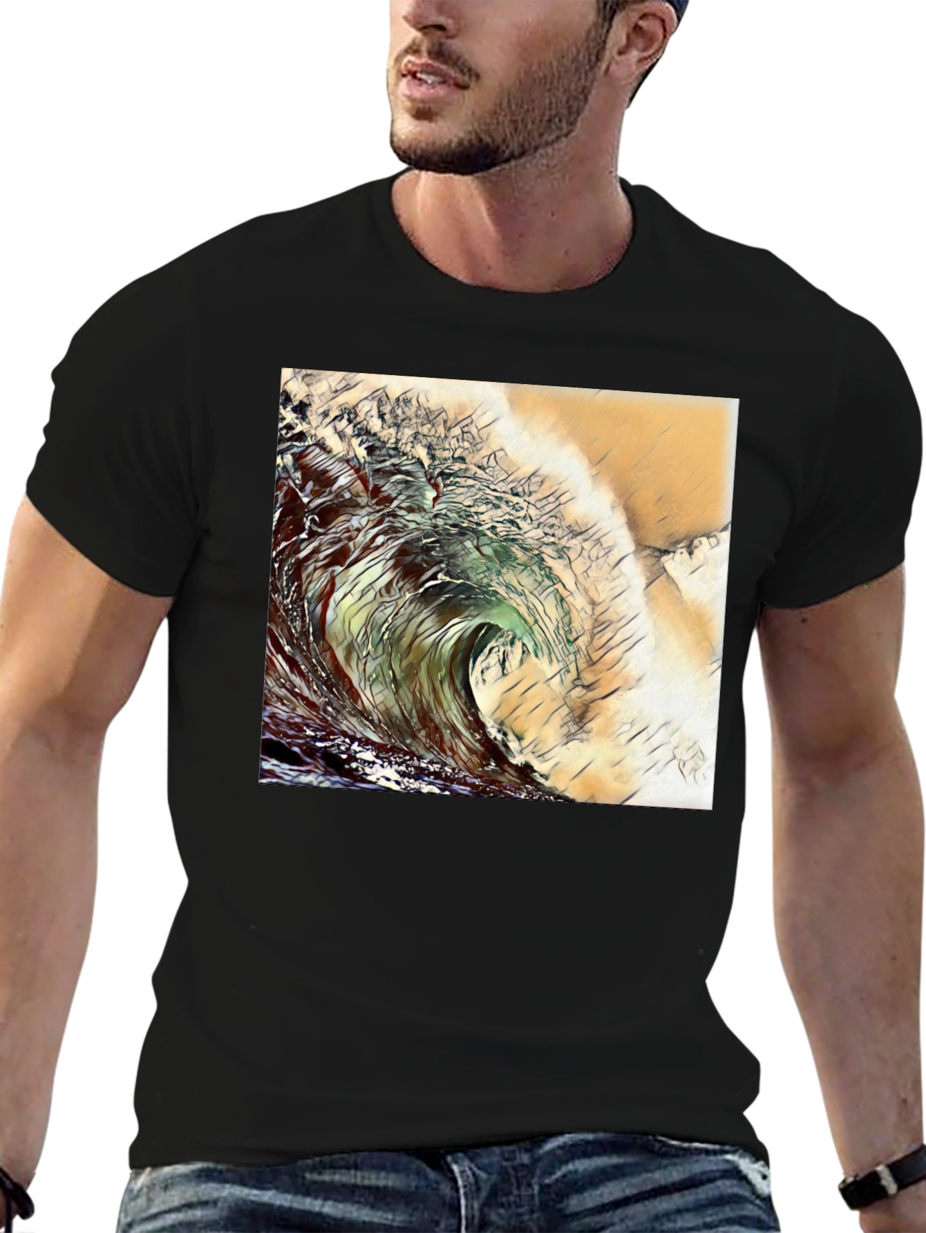 Wave Design Black T-Shirt