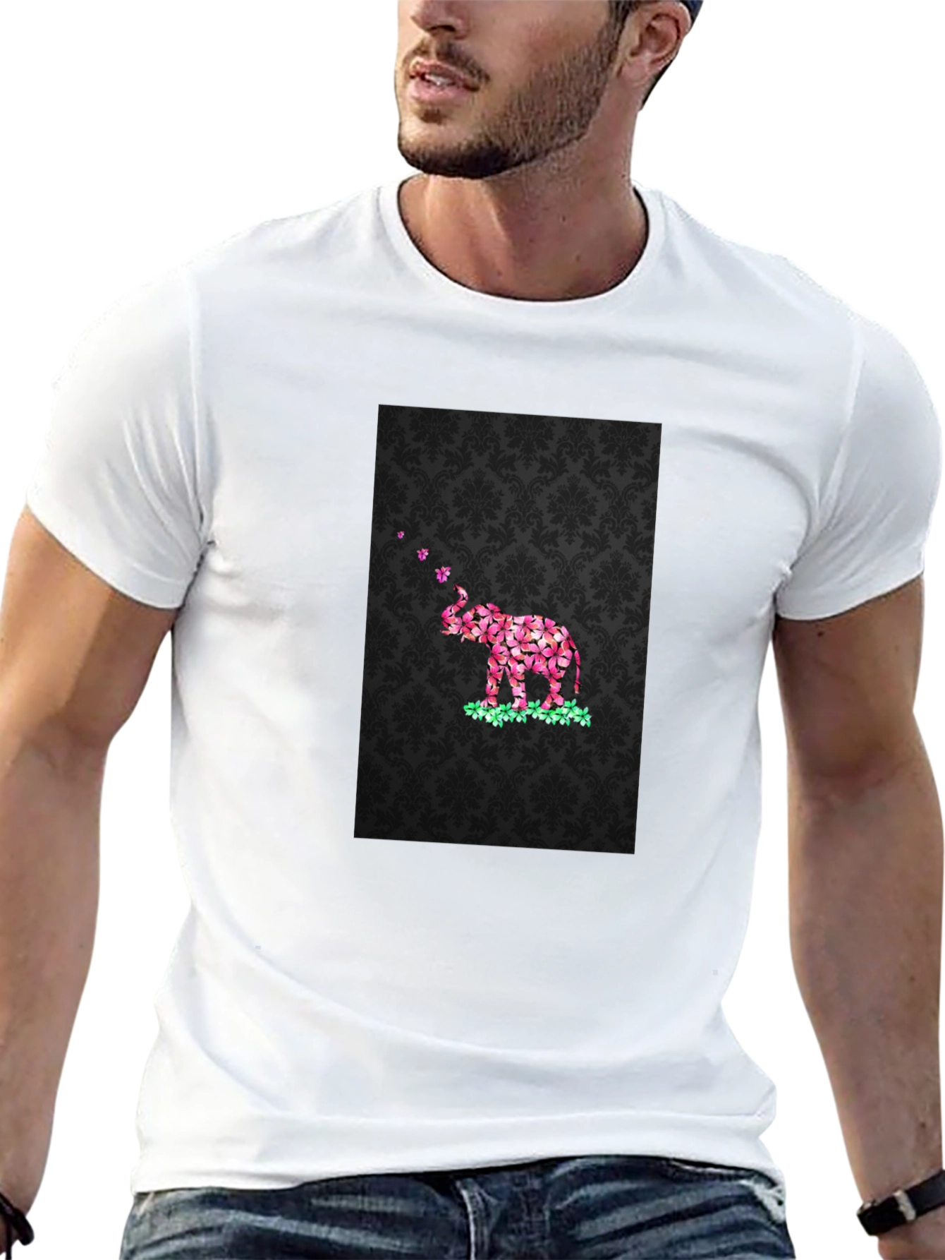 Floral Elephant Graphic Print Black T-Shirt