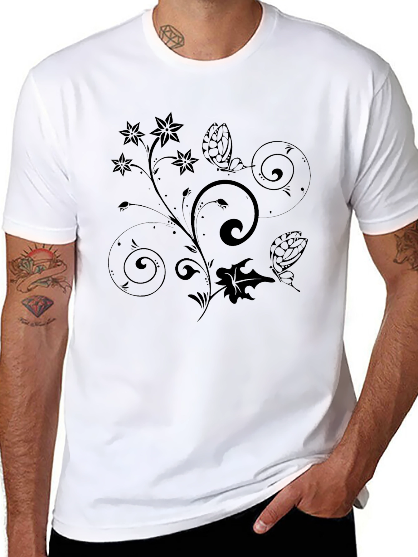 Floral Scrollwork Black T-Shirt