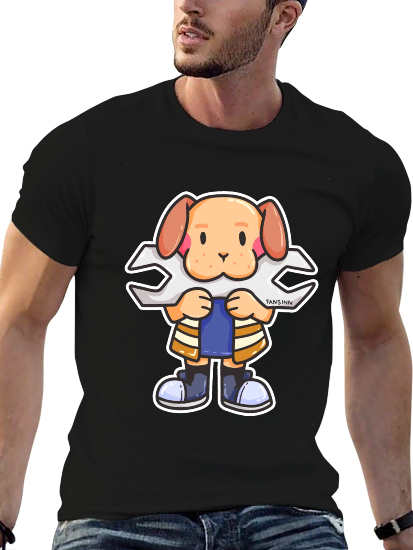 Dog Mechanic Cartoon Black T-Shirt