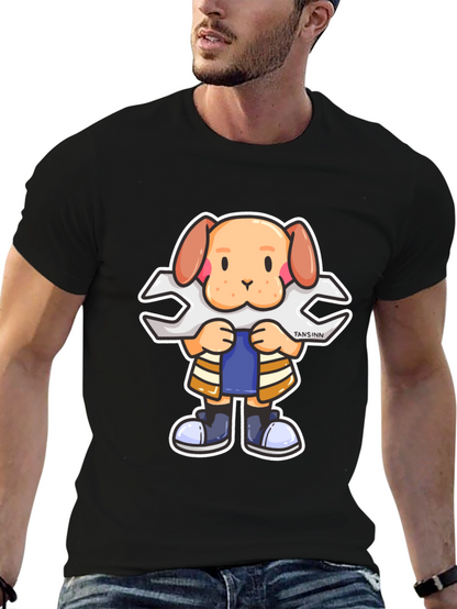 Dog Mechanic Cartoon Black T-Shirt
