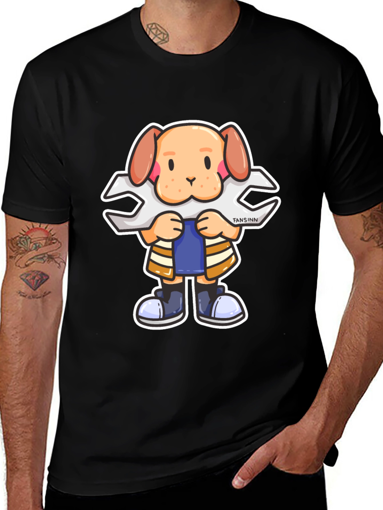 Dog Mechanic Cartoon Black T-Shirt