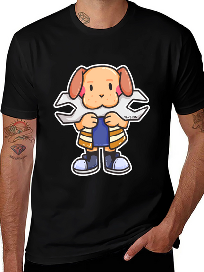 Dog Mechanic Cartoon Black T-Shirt