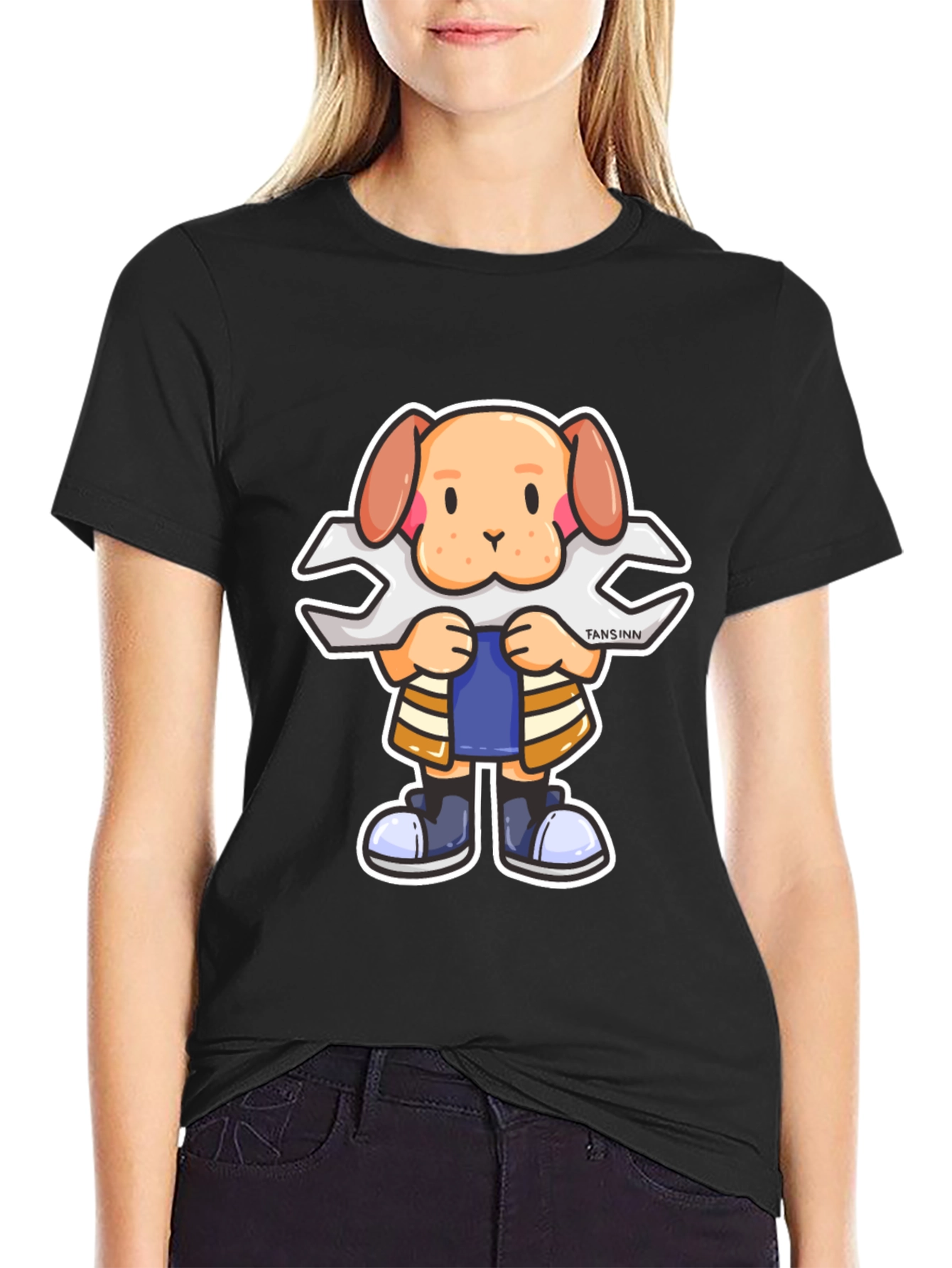 Dog Mechanic Cartoon Black T-Shirt