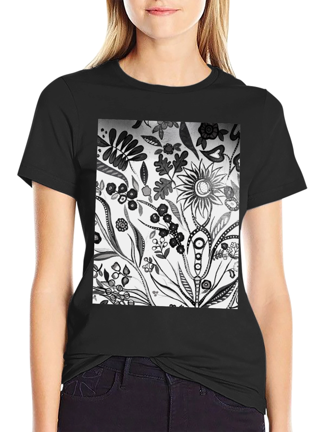 Floral Pattern Black Graphic Tee