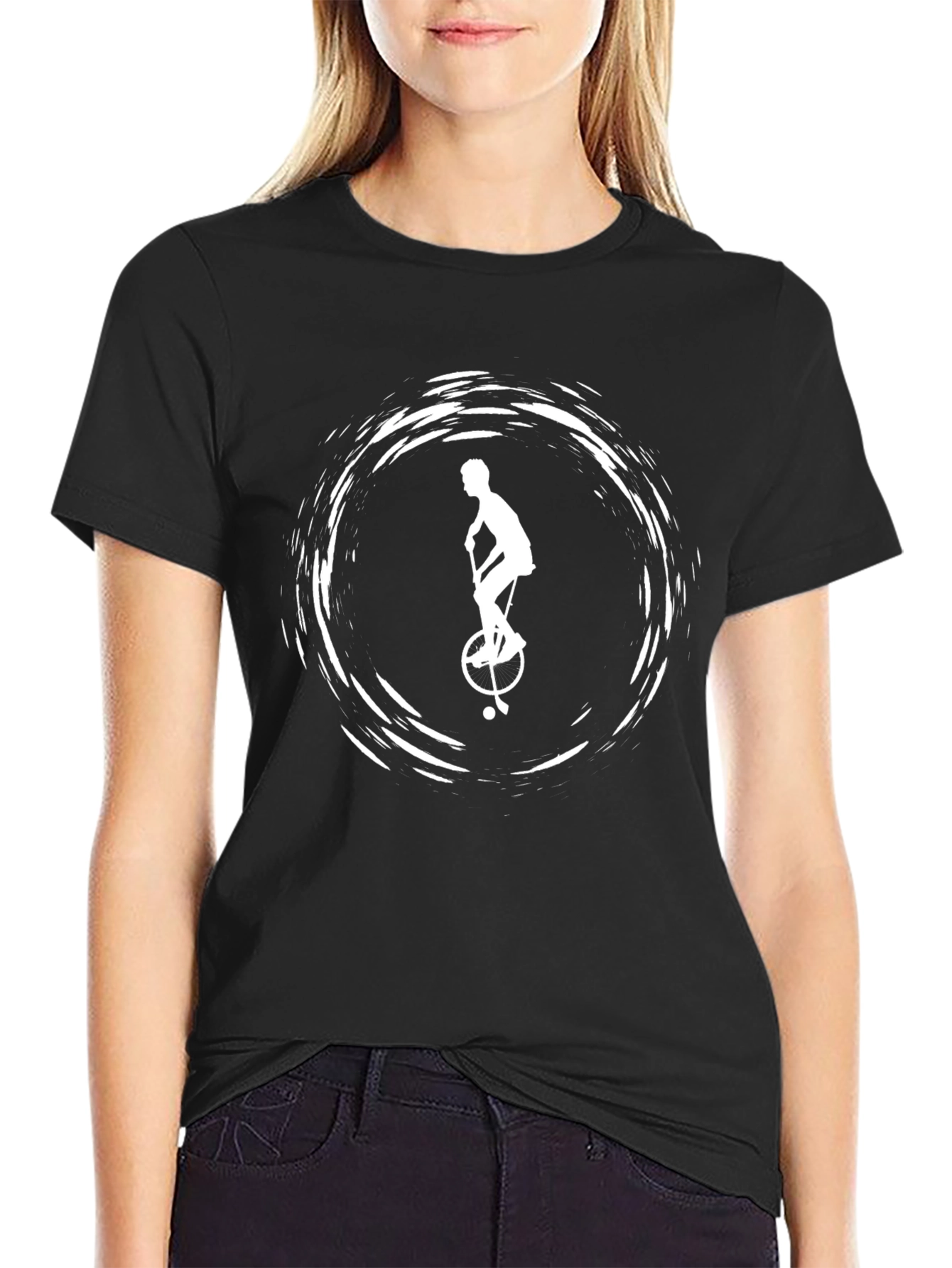 Black Graphic Tee: Unicycle Silhouette Design