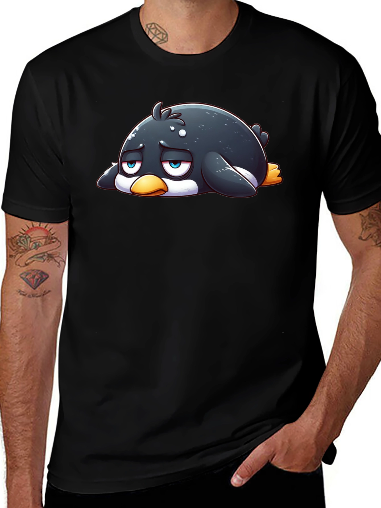 Sad Penguin Graphic Tee - Black Cotton Blend