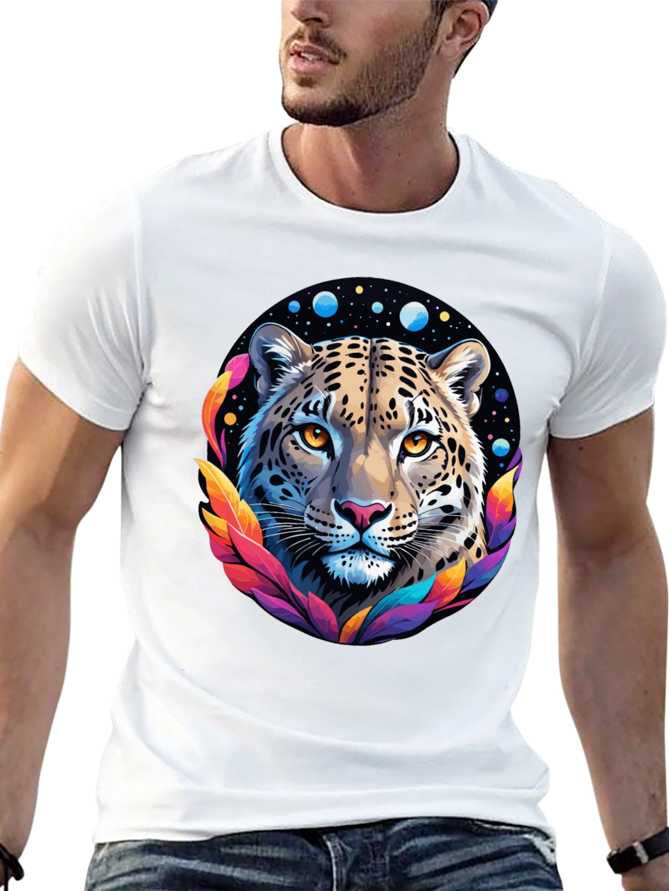 Leopard Galaxy Graphic Print Tee - Stylish Black T-Shirt