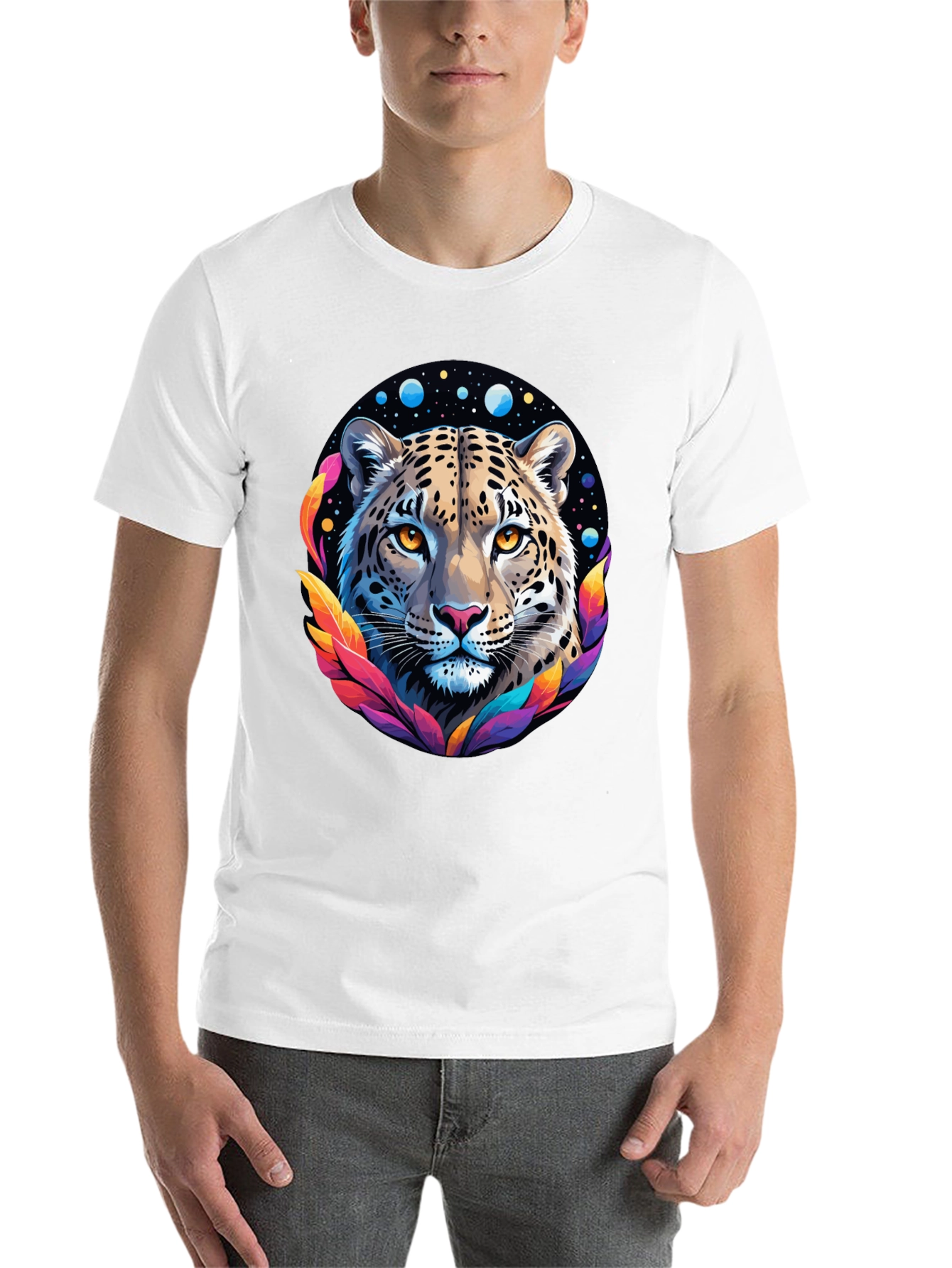 Leopard Galaxy Graphic Print Tee - Stylish Black T-Shirt