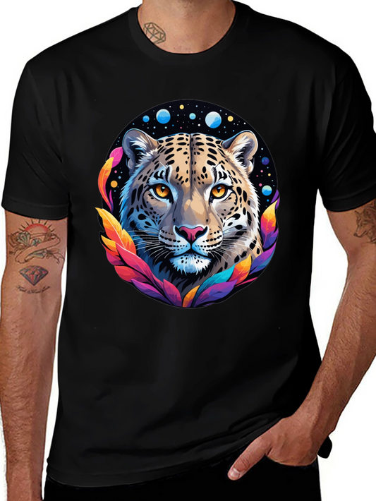 Leopard Galaxy Graphic Print Tee - Stylish Black T-Shirt