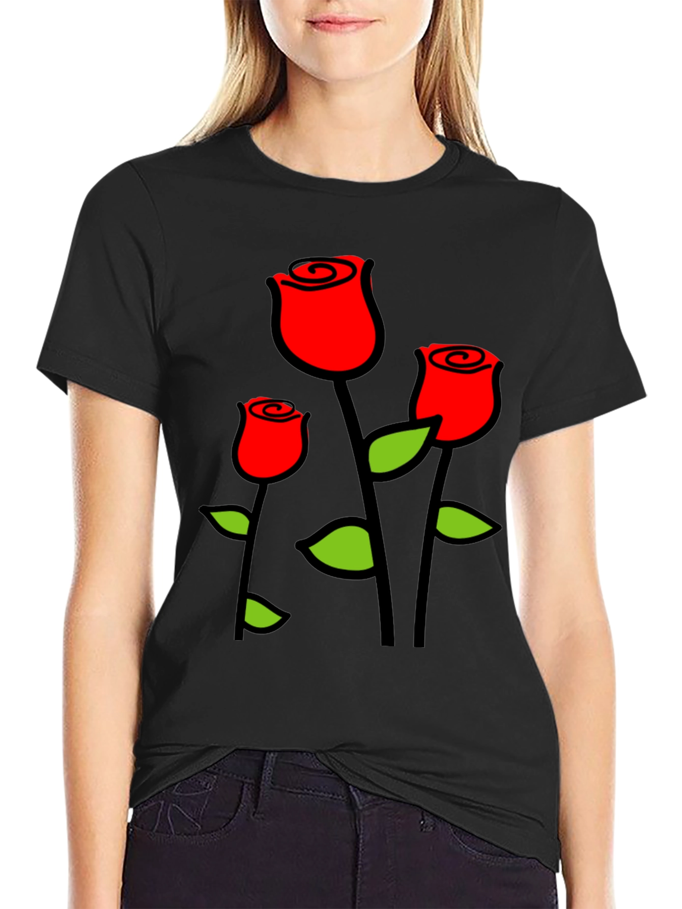 Black T-Shirt with Red Roses Graphic Print
