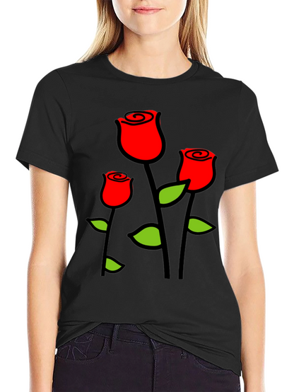 Black T-Shirt with Red Roses Graphic Print