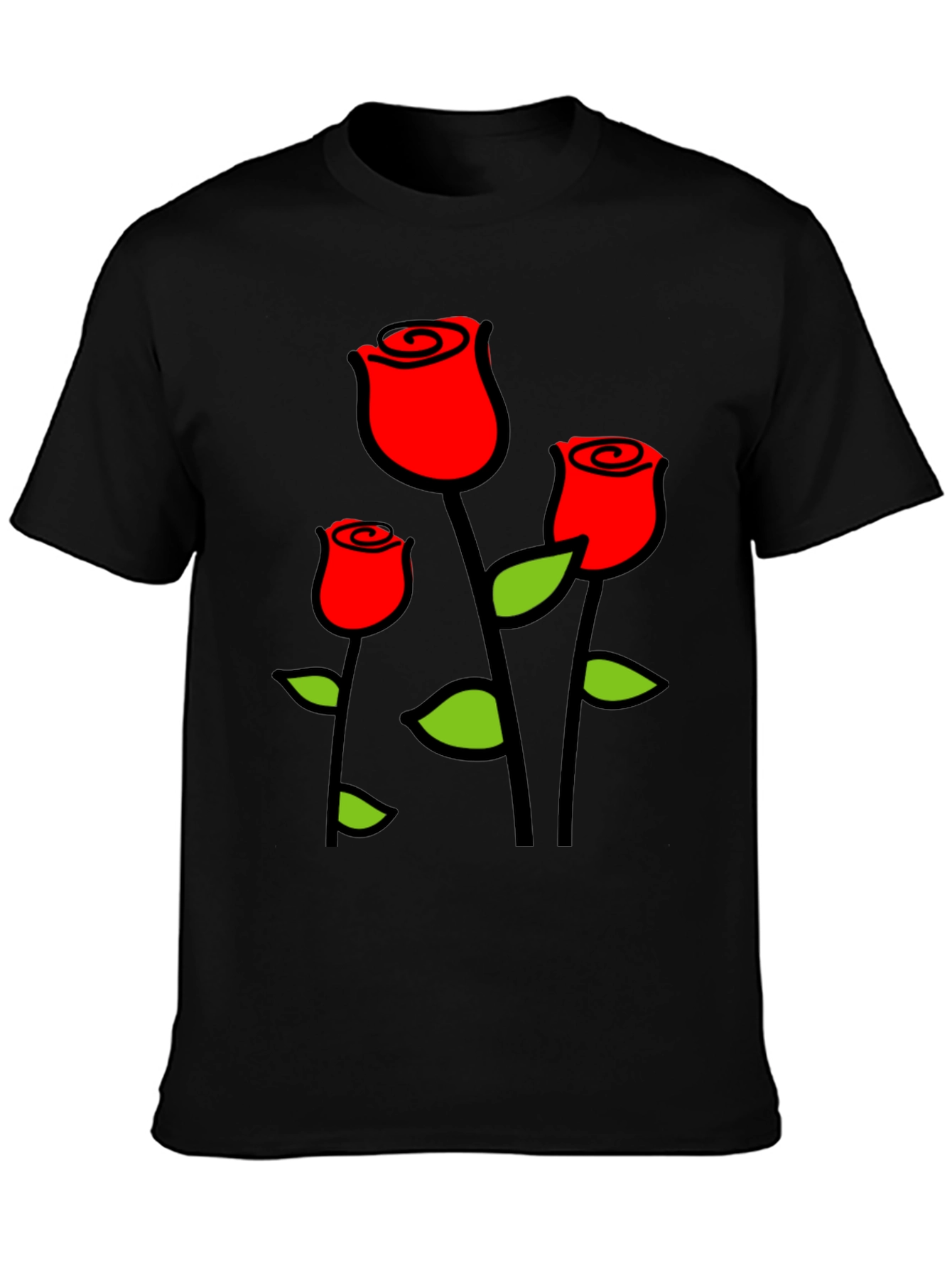 Black T-Shirt with Red Roses Graphic Print