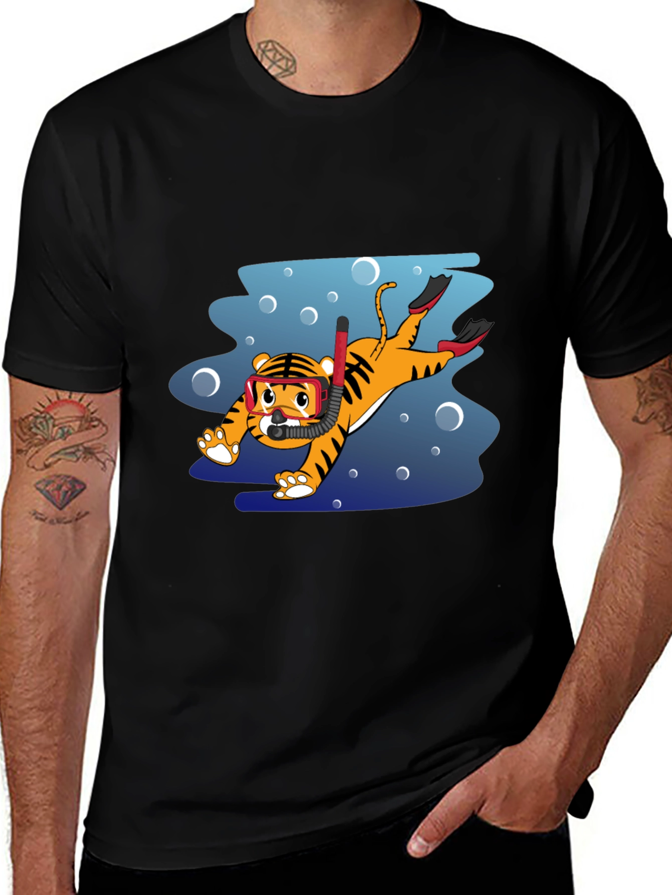 Diving Tiger Graphic Tee - Black Cotton T-Shirt