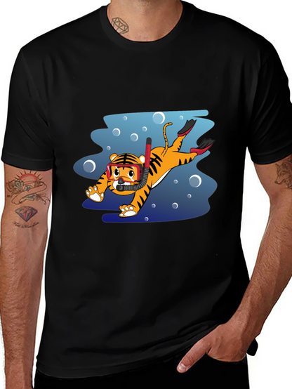 Diving Tiger Graphic Tee - Black Cotton T-Shirt