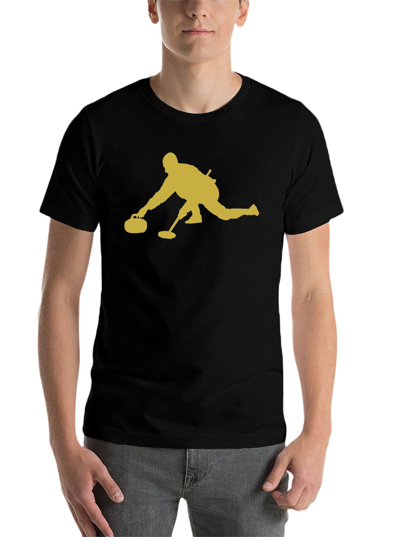 Curling Player Graphic Tee - Black Cotton T-Shirt