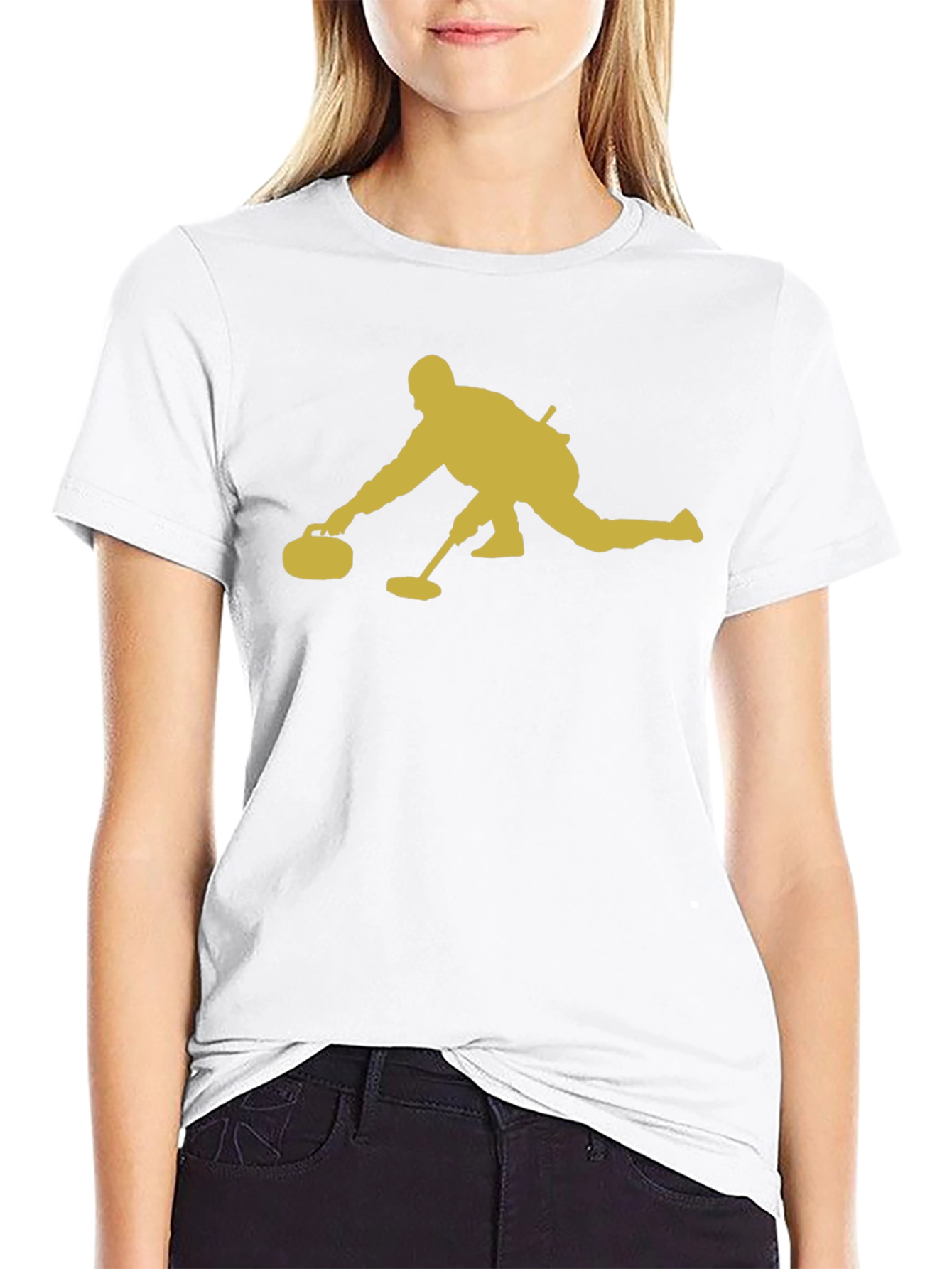 Curling Player Graphic Tee - Black Cotton T-Shirt