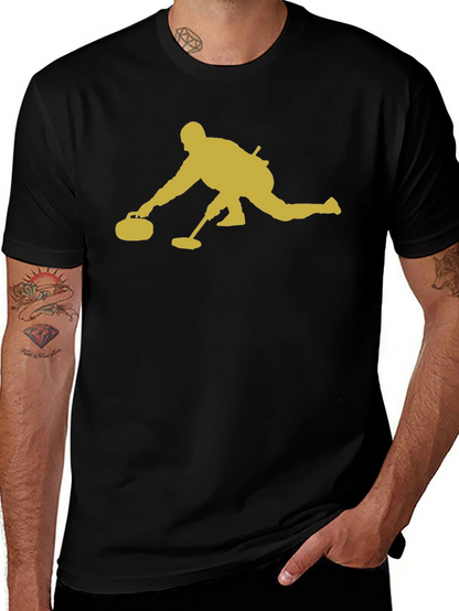 Curling Player Graphic Tee - Black Cotton T-Shirt
