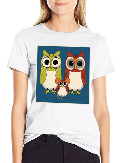Owl Family Graphic Tee - Cute Cartoon Print T-Shirt