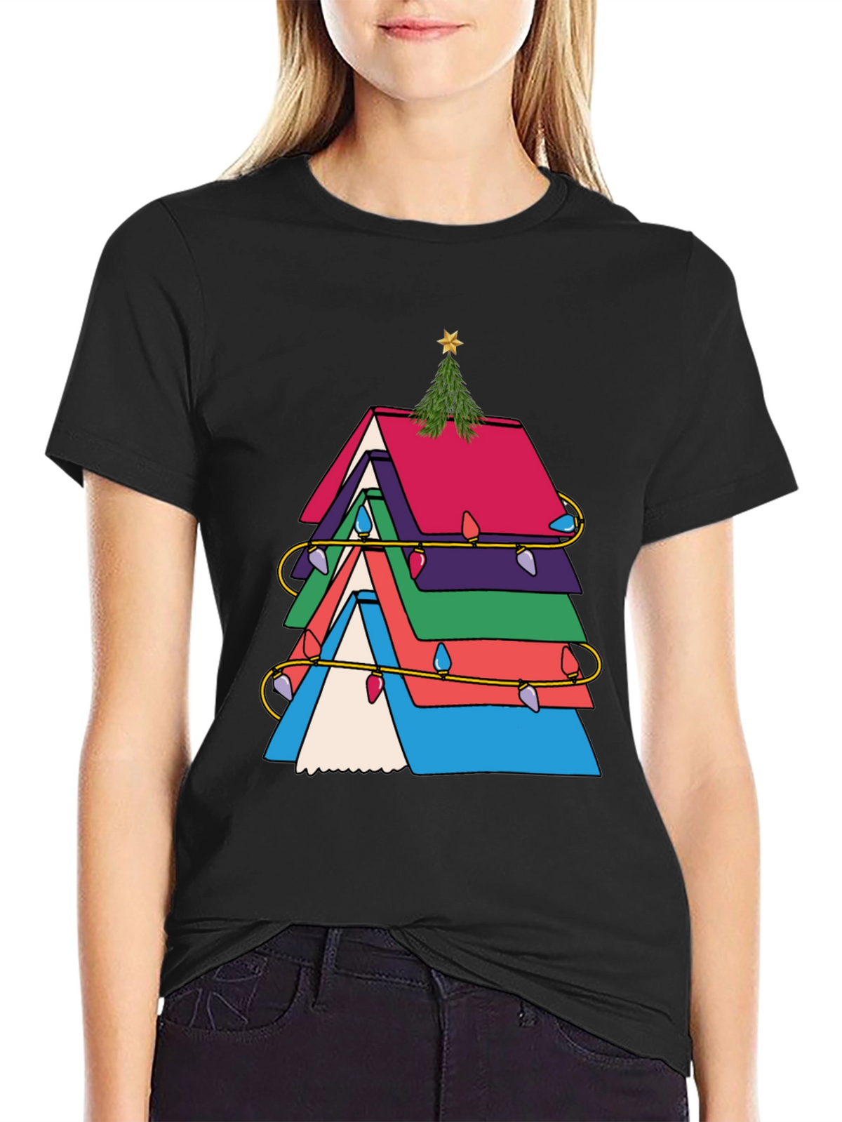 Festive Book Stack Christmas Tree T-Shirt