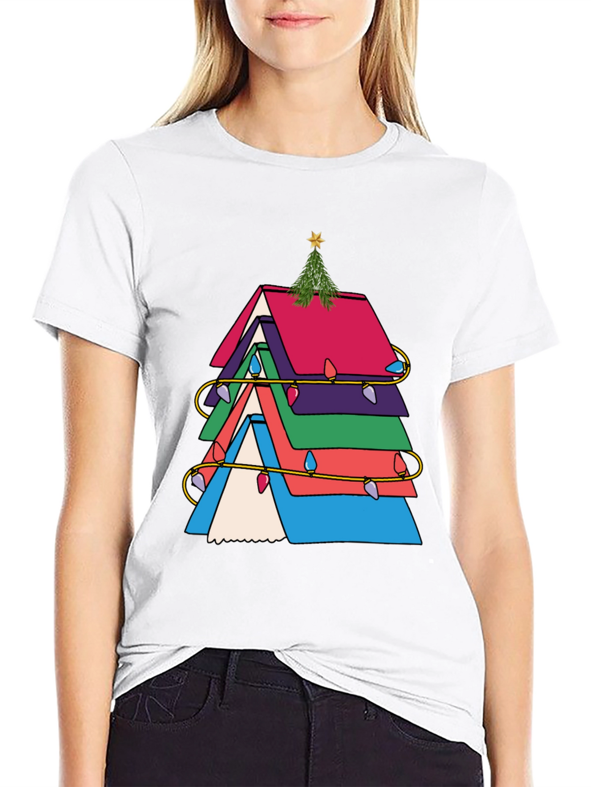 Festive Book Stack Christmas Tree T-Shirt