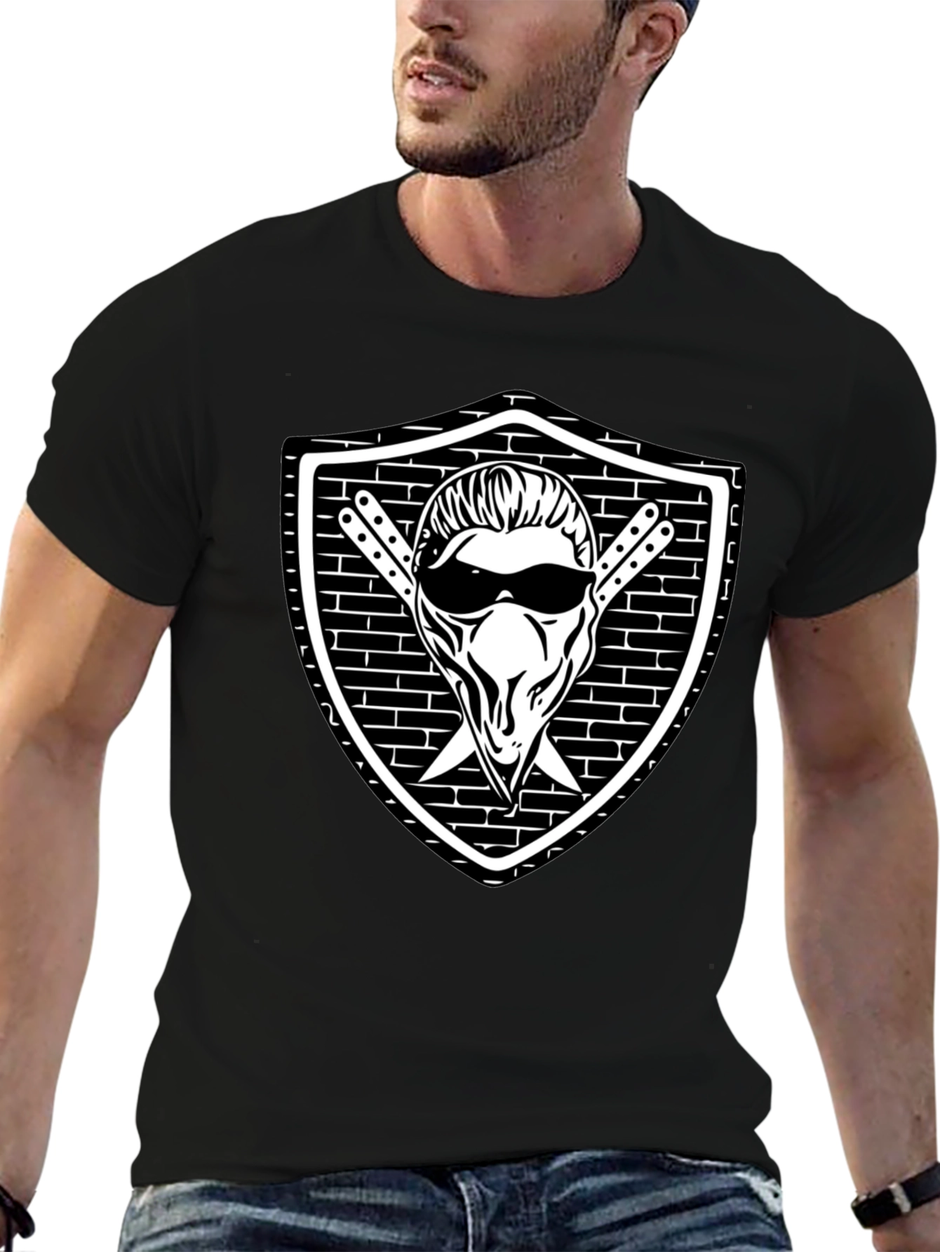 Cool Skull Shield Graphic Black T-Shirt