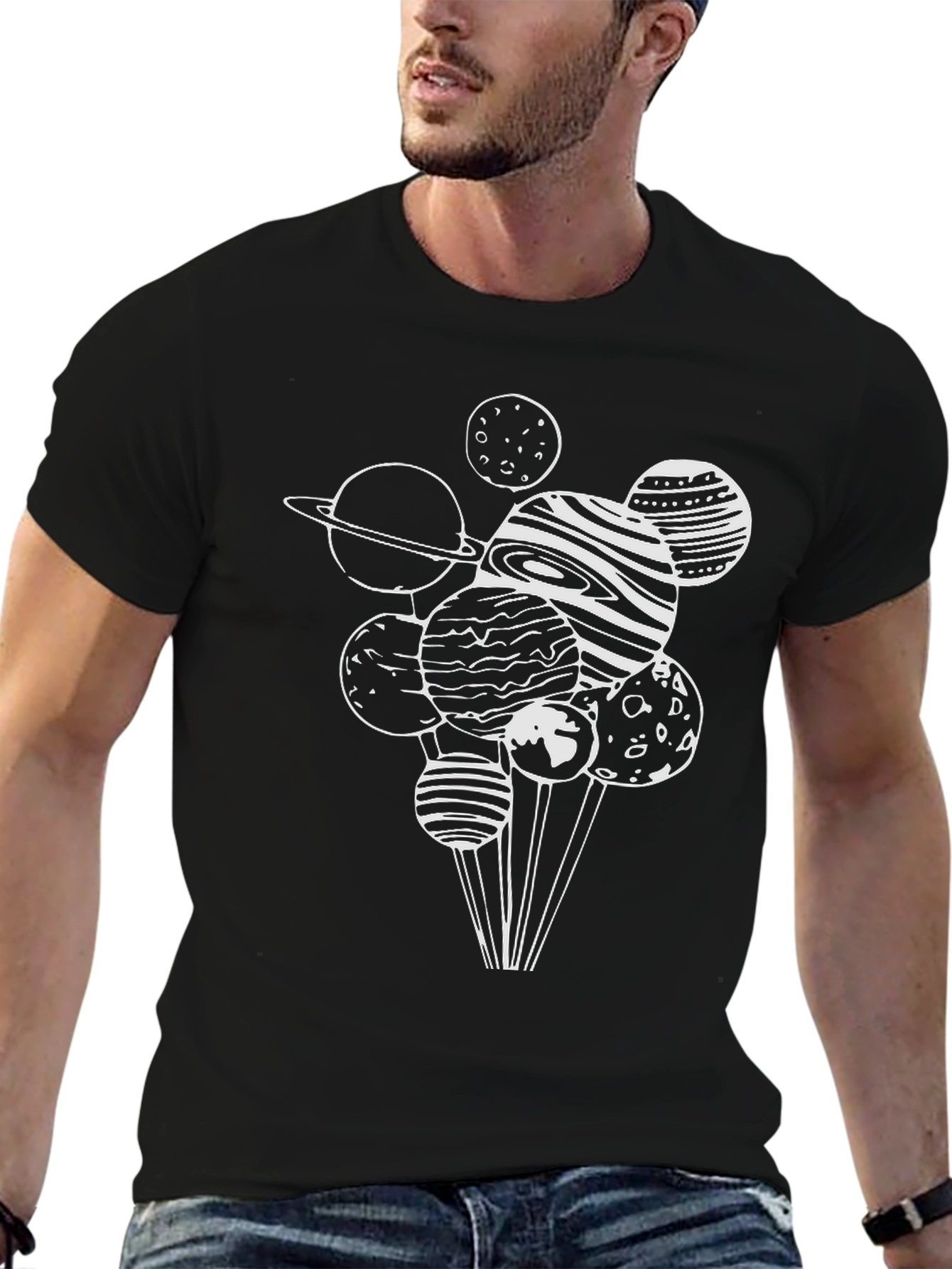 Planets Graphic Tee - Black Cotton T-Shirt