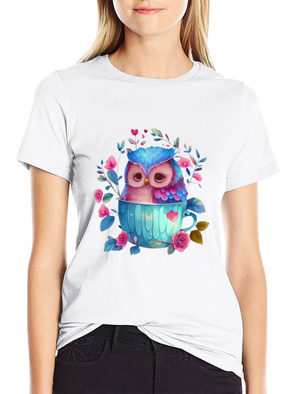 Owl in Teacup Graphic Tee - Cute Bird T-Shirt